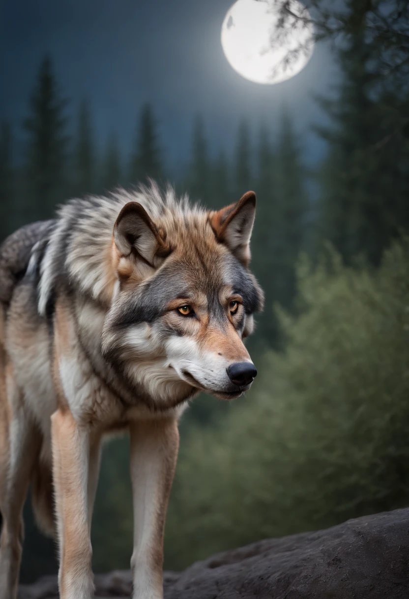 (best quality,4k,highres,masterpiece:1.2),wolf wallpaper,ultra-detailed,realistic,photorealistic:1.37,animals,nature,aurora borealis,strong and confident,dominant,ferocious wild wolf,glowing yellow eyes,breathing mist,huge moon in the background,majestic and powerful,sharp focus,vivid colors,dark forest under moonlight,reflective water surface,bokeh