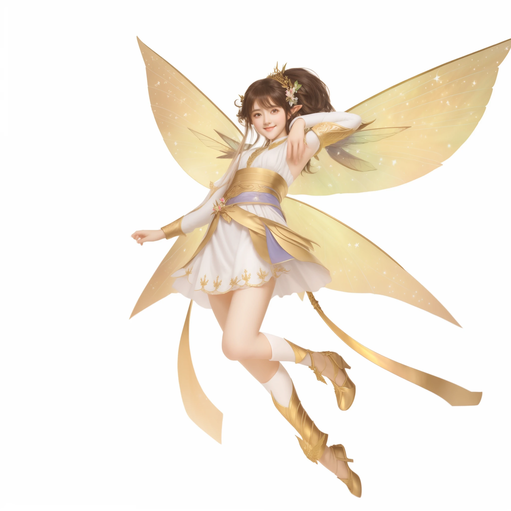 Anime girl with wings and white clothes holding sword, brunette elf with Fairy wings, 小Elf角色, full body xianxia, astral Fairy, brunette Fairy woman, beautiful adult Fairy, Smile like a fairy king, official character art, beautiful Fairy, Elf, yun ling, Inspired by Lan Ying, Fairy, shepard Fairy style art, Ten Thousand Angels of Youth