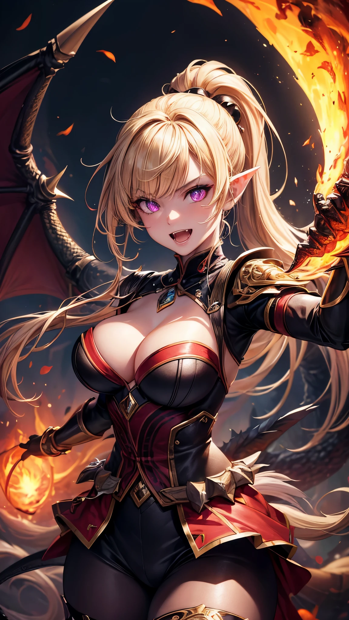 (masterpiece, best quality, absurdres), high quality, highres, ultra detailed, intricate, depth of field, cinematic lighting, soft lighting, yellow light, night, close-up, looking at viewer, beautiful woman, 1girl, dragon girl, large breasts, blonde, ponytail ,purple eyes, ((predator pupils, glowing eyes)),black horns, wings, ((evil smile, fangs, open mouth)), fantasy, realistic fire in background, surrounded by fire, embers, molten rock