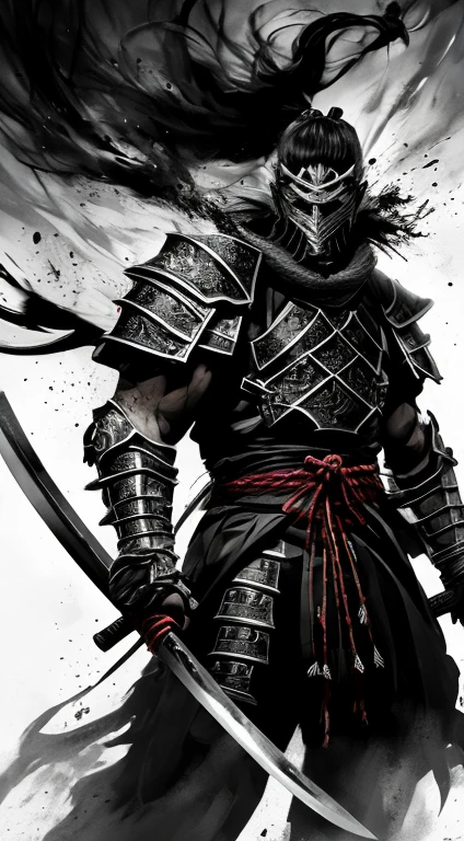 Create a vertical image of a Samurai warrior in dynamic battle-ready stance, monochromatic color scheme with ink-splatter effect. The warrior is muscular, with detailed armor that includes a chest plate and arm guards, armor indicating a high rank. He holds a long katana and has another katana at his waist. The background is abstract, enhancing the warrior's fierce expression and the overall intensity of the scene.