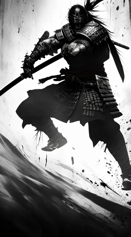 Create a vertical image of a Samurai warrior in dynamic battle-ready stance, monochromatic color scheme with ink-splatter effect. The warrior is muscular, with detailed armor that includes a chest plate and arm guards, armor indicating a high rank. He holds a long katana and has another katana at his waist. The background is abstract, enhancing the warrior's fierce expression and the overall intensity of the scene.