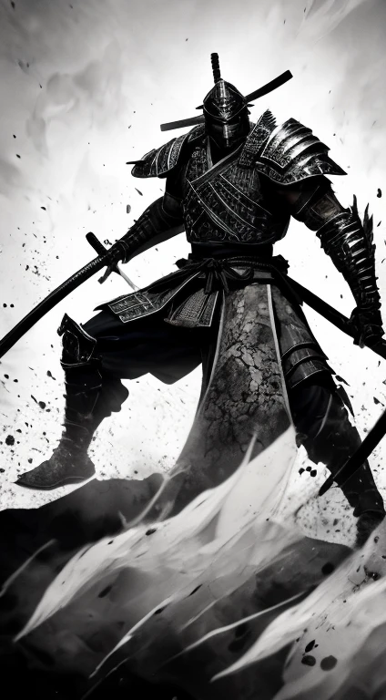 Create a vertical image of a Samurai warrior in dynamic battle-ready stance, monochromatic color scheme with ink-splatter effect. The warrior is muscular, with detailed armor that includes a chest plate and arm guards, armor indicating a high rank. He holds a long katana and has another katana at his waist. The background is abstract, enhancing the warrior's fierce expression and the overall intensity of the scene.