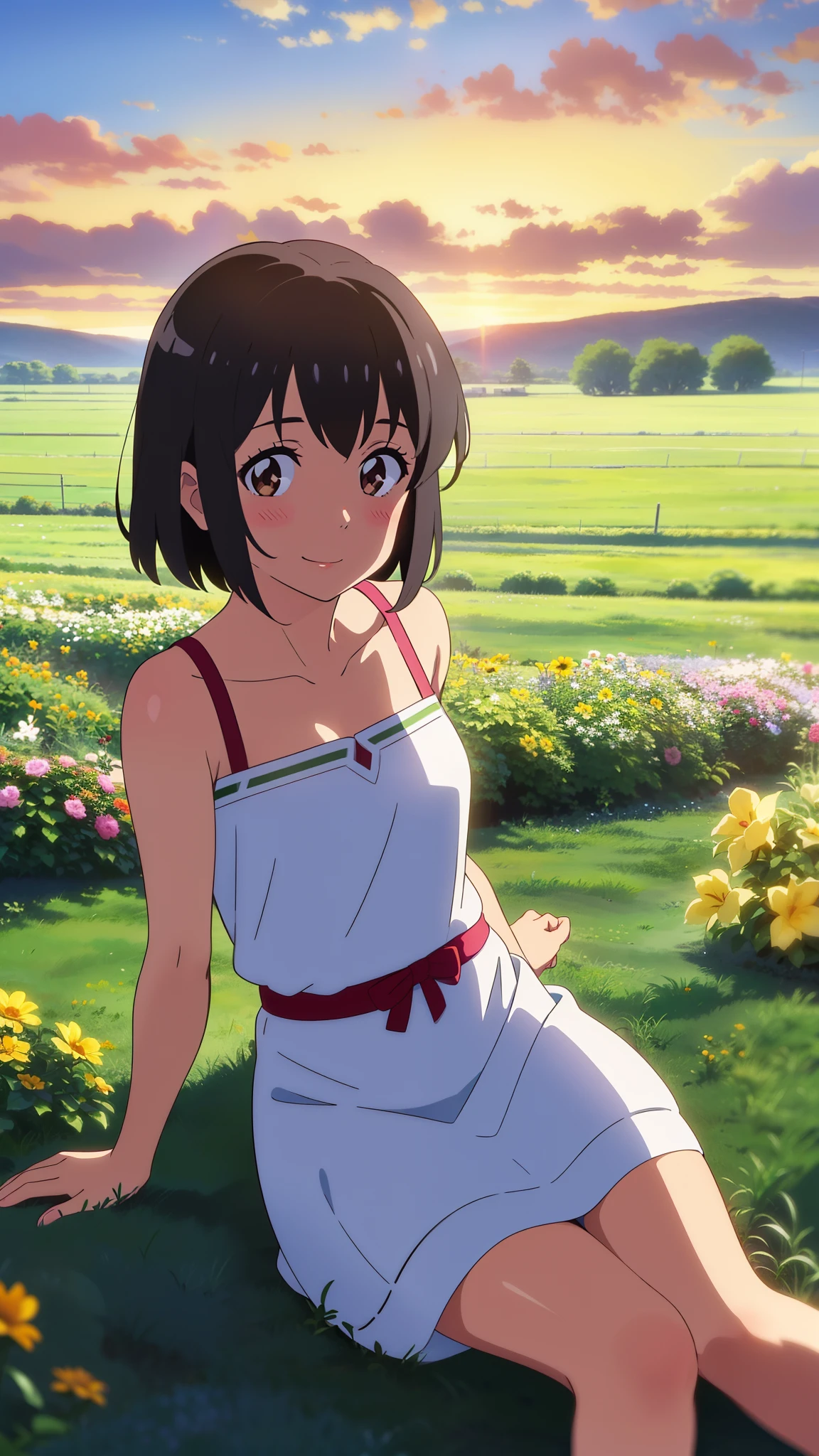 shinkai makoto, kimi no na wa., 1girl, bangs, black hair, blush, brown eyes, shiny skin, Wearing a white dress, red headband, short hair, smile, cute, solo, happy, looking at viewer, flower field, Sit on grass, sky, cloudy, evening, sunset, scenery