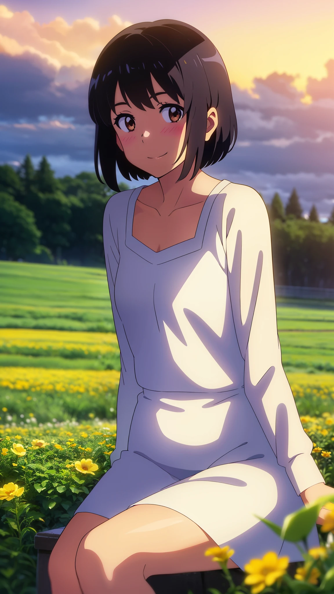shinkai makoto, kimi no na wa., 1girl, bangs, black hair, blush, brown eyes, shiny skin, Wearing a white dress, red headband, short hair, smile, cute, solo, happy, looking at viewer, flower field, Sit on grass, sky, cloudy, evening, sunset