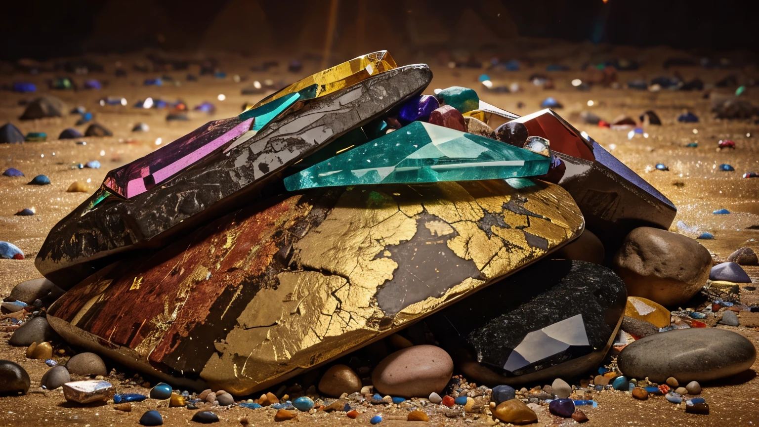a pile of tiny colorful rocks and stones, many small and colorful stones, gemstones and treasures, gemstones, precious stones, gem stones, on a throne of gemstones, colorful crystals, colorful gems, embedded with gemstones, stones, ornate colored gems and crystals, multicolored glints, crystals, made of multicolored crystals, gemstones for eyes, golden hour, sunset, movie preamble, 4k
