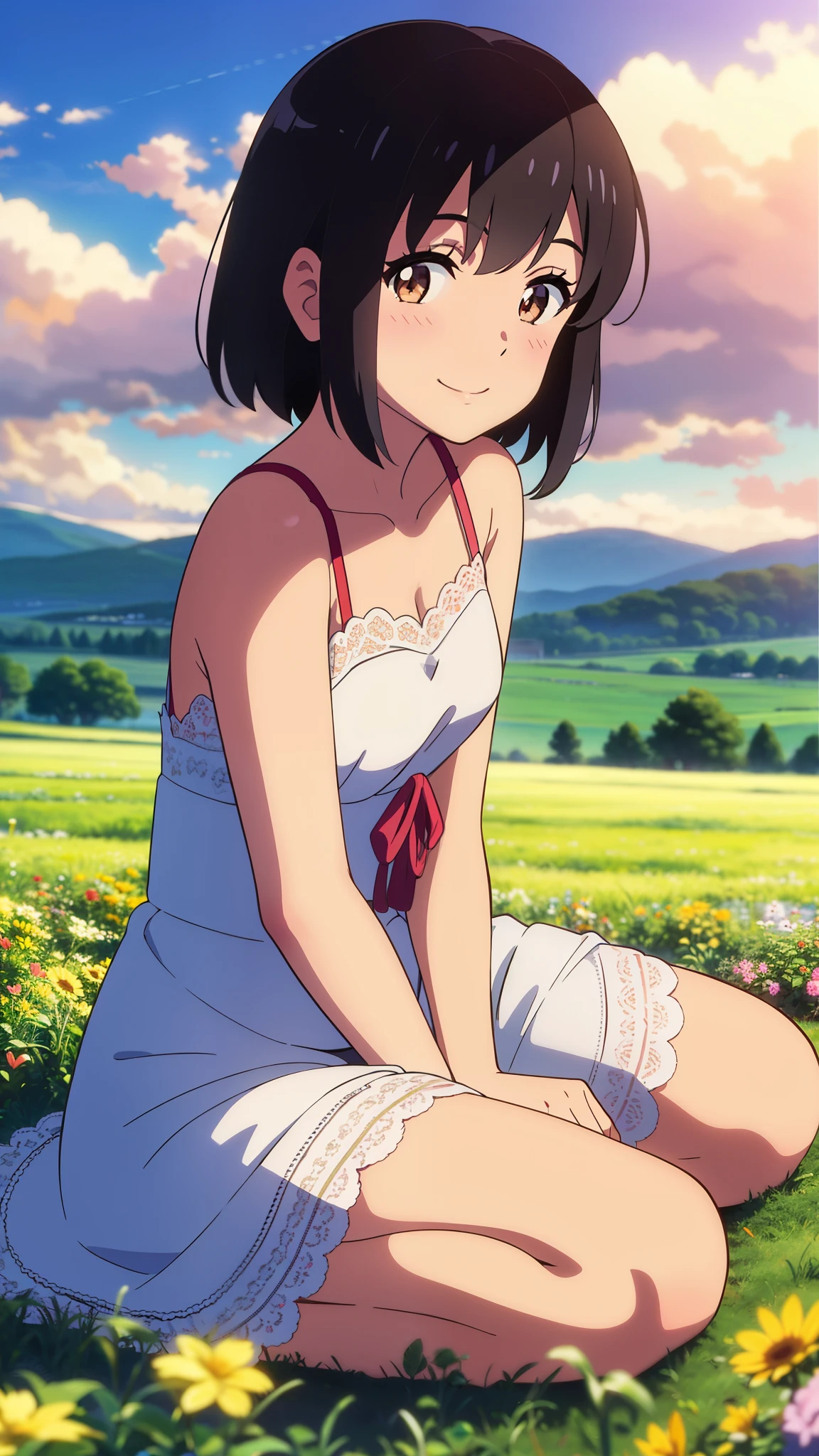 shinkai makoto, kimi no na wa., 1girl, bangs, black hair, blush, brown eyes, shiny skin, Wearing a white lace dress, red headband, short hair, smile, cute, solo, happy, looking at viewer, flower field, Sit on grass, sky, cloudy, evening, sunset
