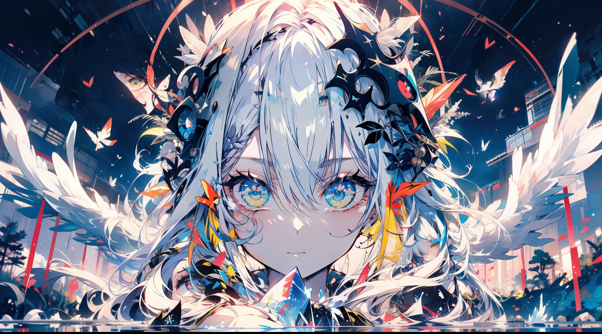 (((tmasterpiece))), (((best qualtiy)))), offcial art, the Extremely Detailed CG Unity 8K Wallpapers, ((sketching))), the night, Sateen, Beautiful detailed sky, galactic,starryskybackground,beautiful detailed water, GameCG, hugefilesize, sketching, 独奏, angelicales, long whitr hair, golden hair, Wet hair, hair between eye, Hair behind the ears, white colored eyelashes, beatiful detailed eyes, expressionless eyes, yellow eyes, half closed eyes, shoe, The halo, cross necklace, looking-down, sitted, Hold your legs, blown hair, Feather ornaments, leaf hair ornament, ln the forest, by lake, ((Bigchest))), ((( White robe))), longer sleeves, bandagens, White eye patch, elvish ears, (((Large golden wings))), fenghuang