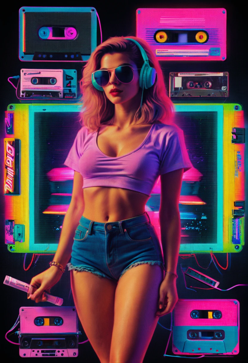 Framed, capsuled, pils, drugs, medicine,80's, cassettes, speakers, Vaporwave Aesthetic style, synthwave, sexy woman,