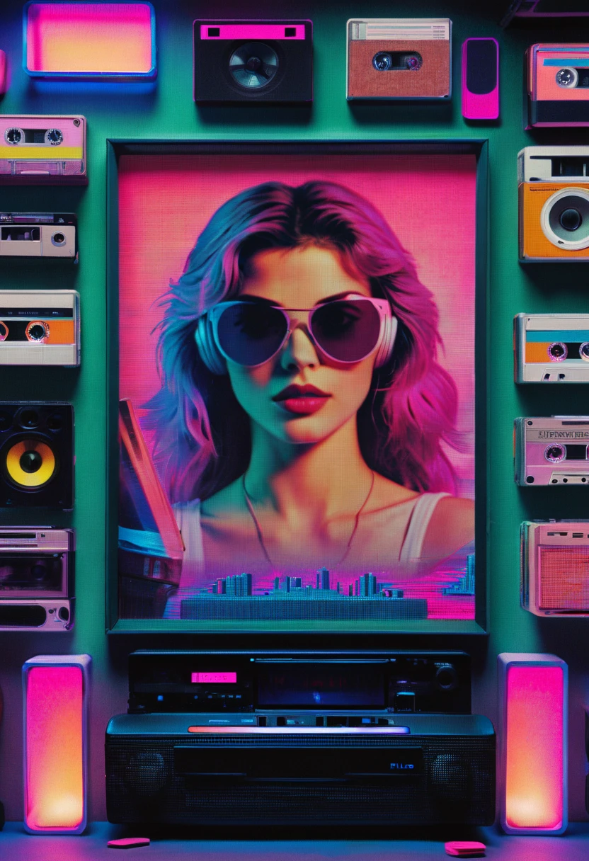Framed, capsuled, pils, drugs, medicine,80's, cassettes, speakers, Vaporwave Aesthetic style, synthwave, sexy woman,