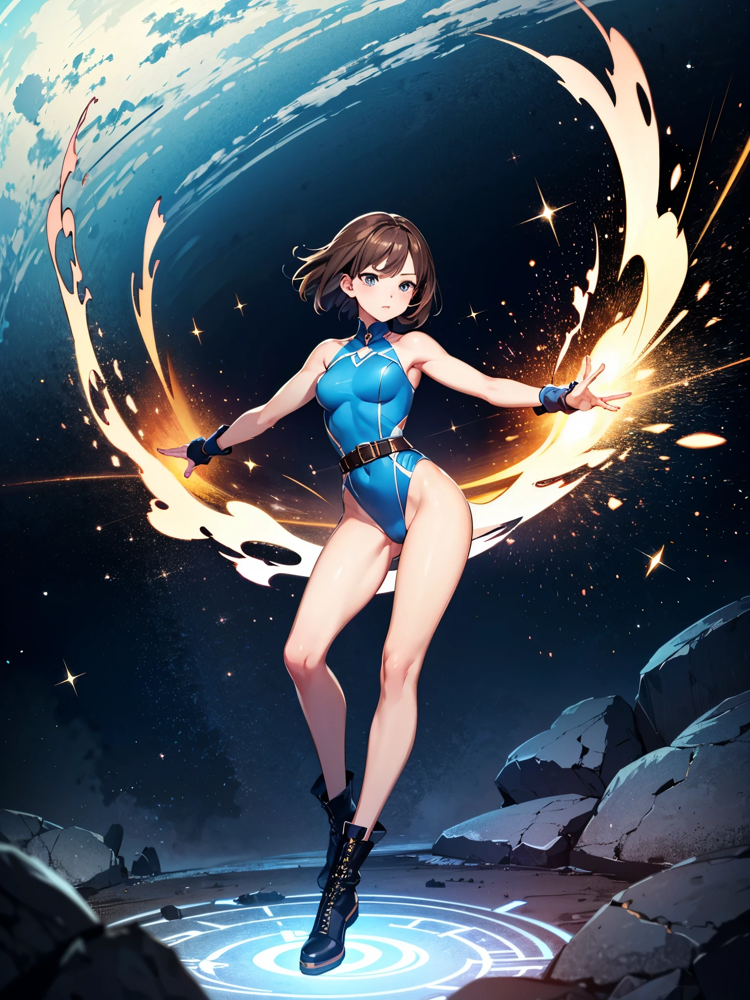 (((pixel-perfect, detail-perfect))), 1girl, superhero, leotard, highleg leotard, ???? legs, boots, standing, solo focus, golden belt, spread arms, ((spins fast in place like a tornado)), full body shot, outer space, sleeveless, ultra highres, absurdres, beautiful face, detailed eyes, symmetric eyes, perfect body, good proportions, brown hair, (blue light, light swirls around her body, wind swirls around her body), ((only five fingers)), tornado spin