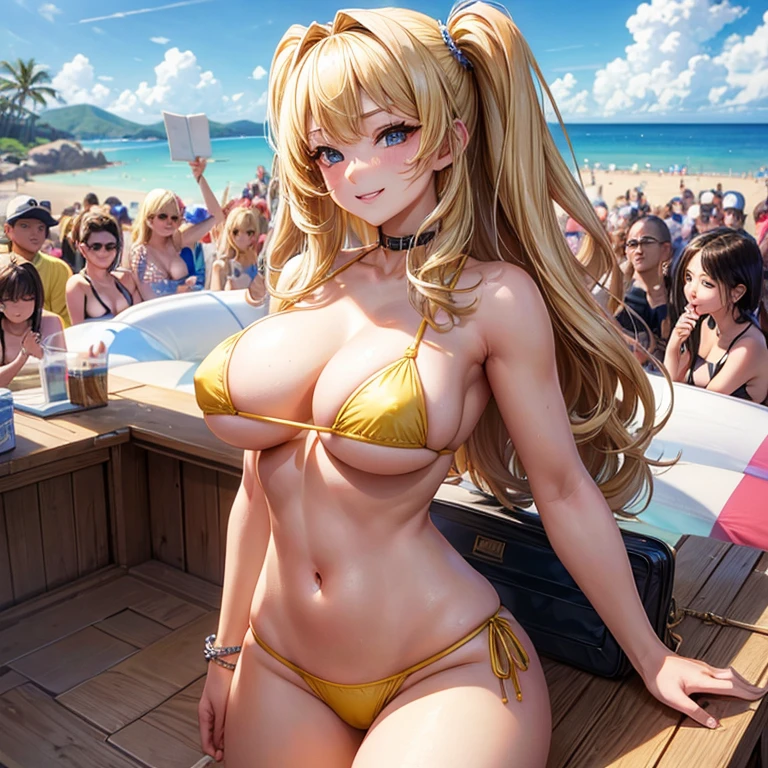 highest quality, masterpiece, blonde、gal、female brat、big breasts、tits、micro bikini、exposed、Slut、smug face、sandy beach、crowd