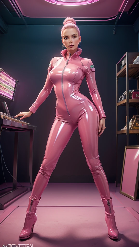 (high resolution, full body,soft skin:1.2),(best illustration,masterpiece:1.2),ultra-detailed,[(cat ears,black fur,pink inside:1.2),(kiss,romantic,intimate):1.3],vivid colors,sharp focus,portrait,studio lighting, vaporfashion, retro-futurism, pink latex jumpsuit and boots, hands on hips, future look