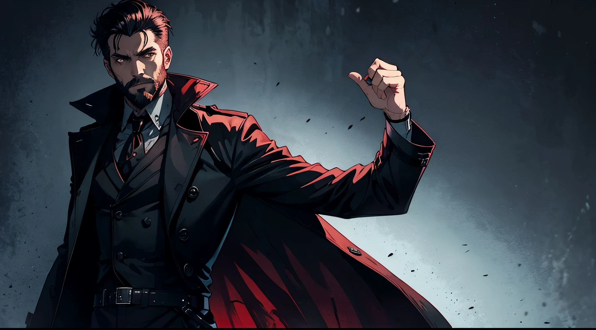 A solo vampire man with short hair, beard and wearing a trench coat. horror themed. by him self.