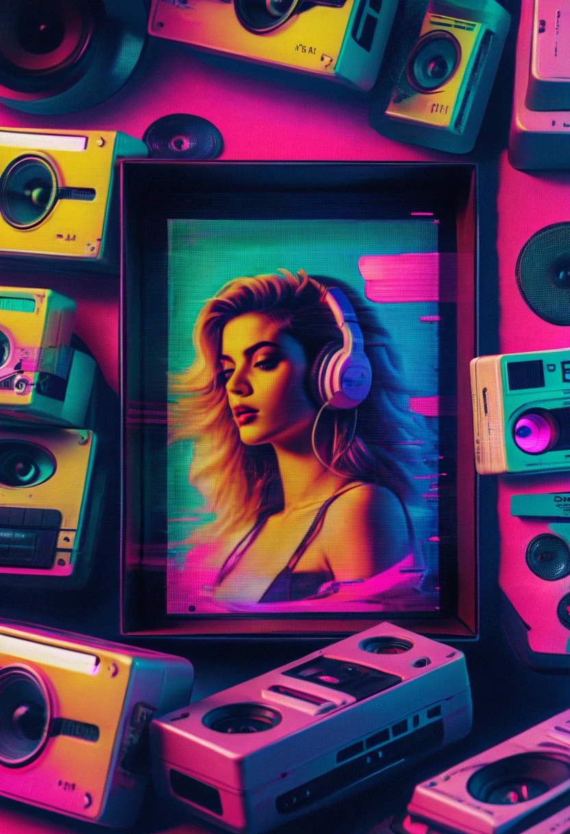 Framed, capsuled, pils, drugs, medicine,80's, cassettes, speakers, Vaporwave Aesthetic style, synthwave, sexy woman,