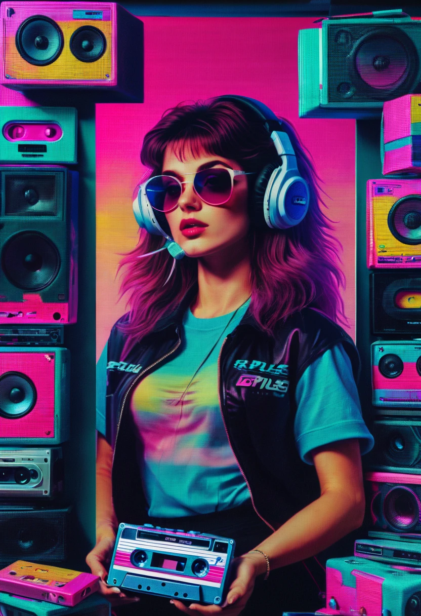 Framed, capsuled, pils, drugs, medicine,80's, cassettes, speakers, Vaporwave Aesthetic style, synthwave, sexy woman,