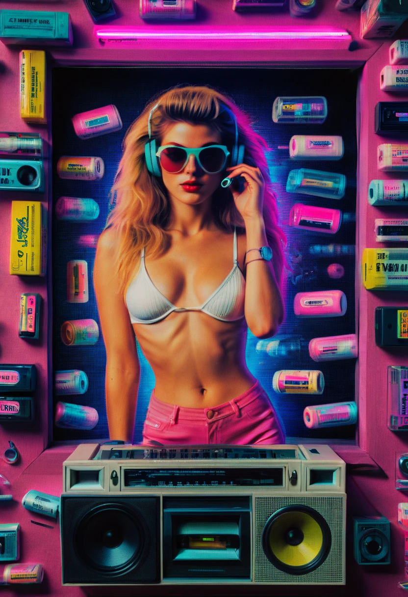 Framed, capsuled, pils, drugs, medicine,80's, cassettes, speakers, Vaporwave Aesthetic style, synthwave, sexy busty woman, SFW please,