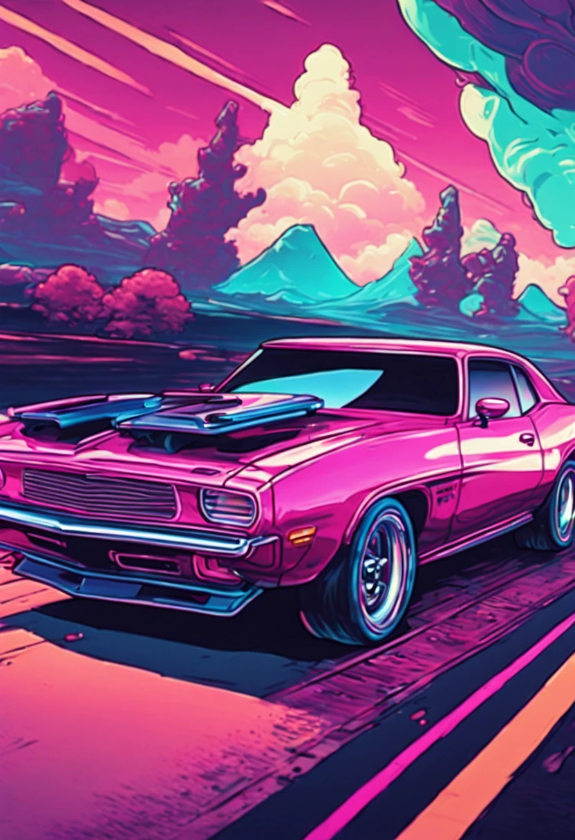 Vapor wave colored muscle car poster by jackie duneke rebecca king, in the style of cyril rolando, colored cartoon style, dark tonalities, ray tracing, low-angle, grzegorz domaradzki, iconic pop culture caricatures