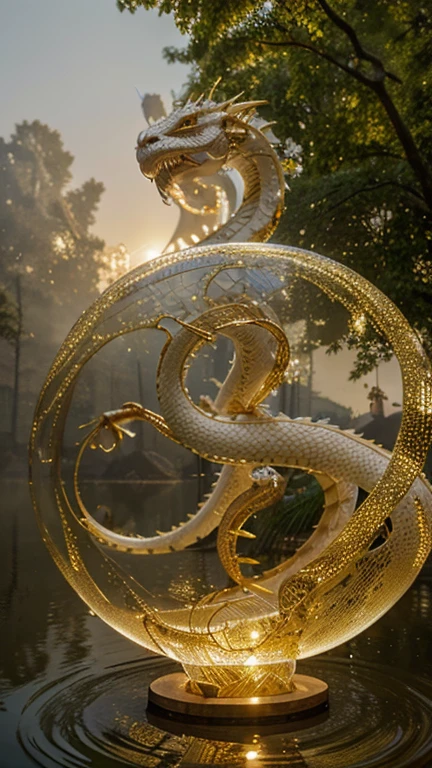 photorealistic, medium close up shot, a white snaky Chinese dragon with golden hairs, fog, very long body, crystal sphere, trees, lakeside, golden hours.