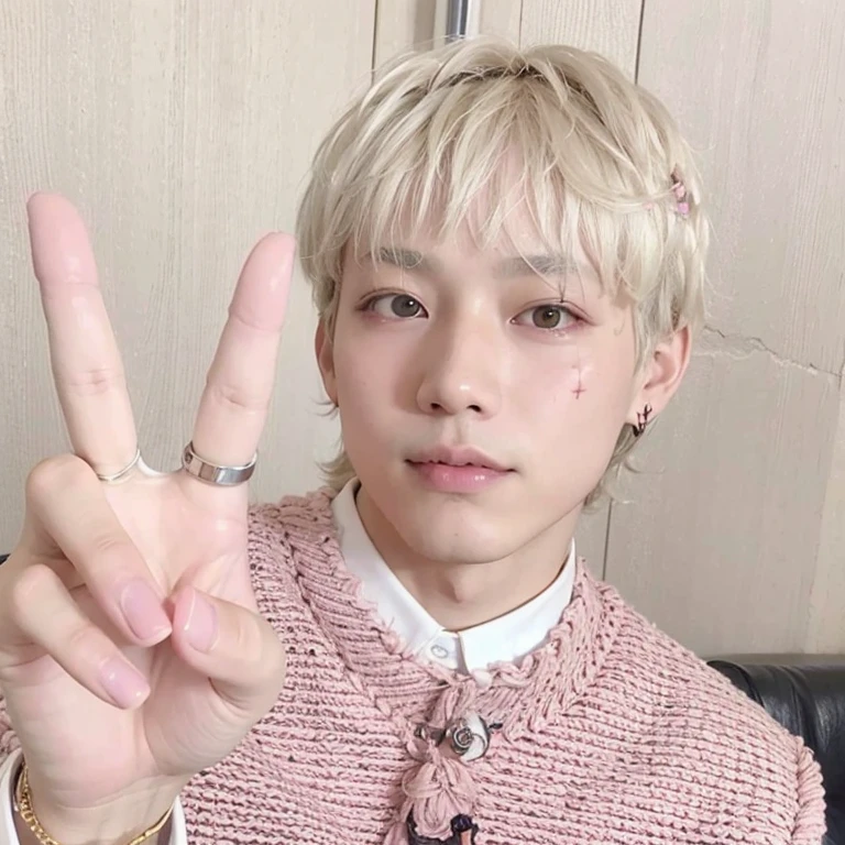 blonde boy with a peace sign and a pink sweater, cai xukun, xqc, Jung Jaehyun, yanjun chengt, kim doyoung, hyung tae, taehyung comiendo papas fritas gucci, with index finger, 1 7-year-old boy with a thin face, pintar ulzzang, pale korean adorable face, retrato de jossi de blackpink, hong junio hyung
