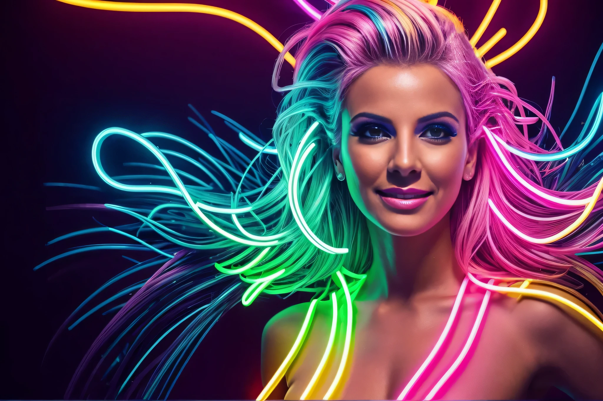 Photo of 50 year old blonde woman with neon hair and dressed full length in shiny leather and posing smiling standing looking at camera, Arte Digital inspired by David LaChapelle, tendencia en ArtStation, Arte Digital, retrato de mujer de onda luminosa, Resplandor ciberpunk brillante, neon light and fantasy, neon glowing, luces brillantes! pintura digital, Retrato en color, Neon glow, neon Arte Digital, Brillando con luz de color, colorful neon lights, Ilustraciones de fondo