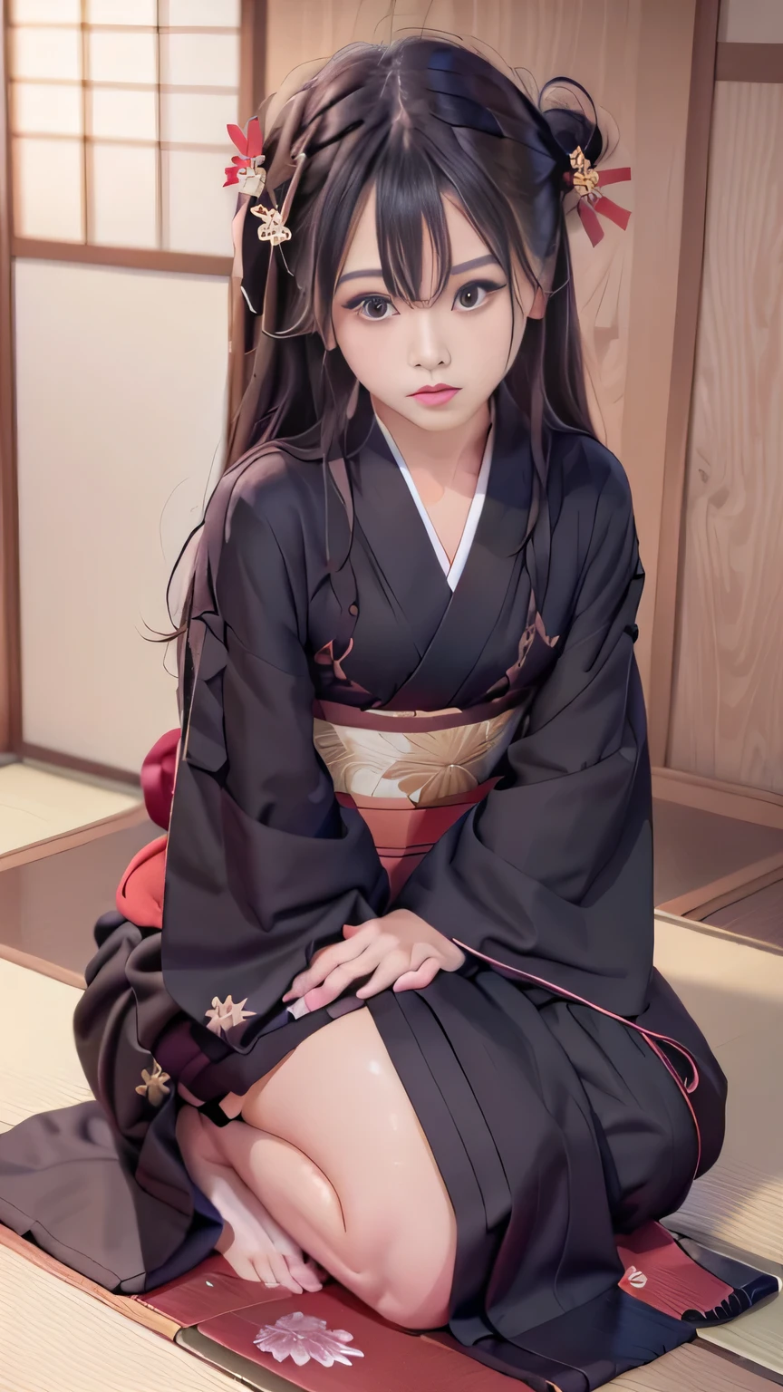 Arafi in a kimono squatting on the tatami mat in a Japanese-style room,snapshot style, ultimate beautiful girl，右手にJapanese styleアクセサリーを持つ,Red amaryllis hairpin dense on the head,traditional japanese, in kimono, Red kimono, japanese kimono, Black kimono with autumn leaf pattern, Wearing Japanese clothes, Japanese style, japanese woman, wearing a kimono, Elegant yukata, bathrobe,street style,under the streetlight,street stylelight, black long hair,shiny hair, in kimono, generally, japanese model, wearing royal kimono, ,thin legs,thin thighs,japanese goddess,Expression of love with small breasts glasses,shy,Longing for love, appeal to girls,Natural gestures unique to women,smell of appeal,((smooth hair，fine hair，very thin hair))，((Cool color makeup，lowered eyebrows、whitening effect，thin and thin eyebrows，((fleeting girl，sad expression))，barefoot，Wearing geta，