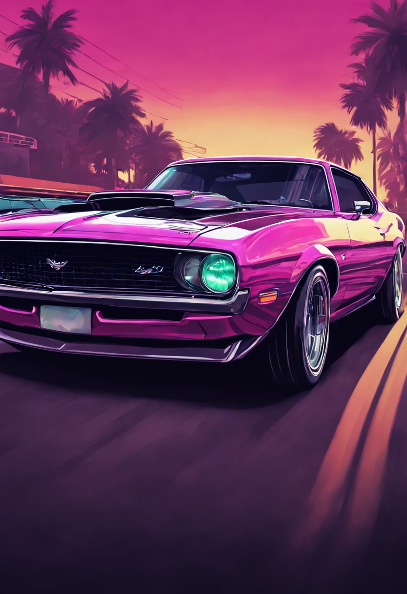 Vapor wave colored muscle car poster by jackie duneke rebecca king, in the style of cyril rolando, colored cartoon style, dark tonalities, ray tracing, low-angle, grzegorz domaradzki, iconic pop culture caricatures