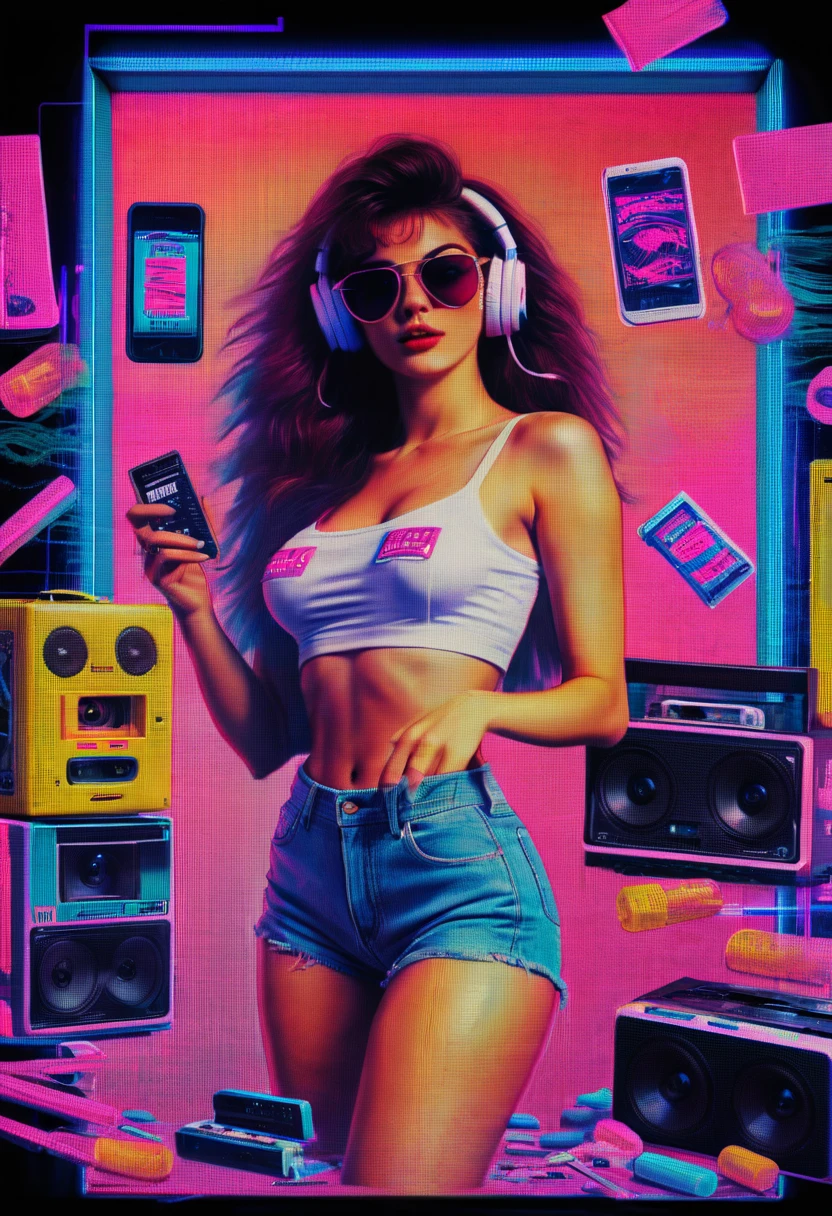 Framed, capsuled, pils, drugs, medicine,80's, cassettes, speakers, Vaporwave Aesthetic style, synthwave, sexy woman,