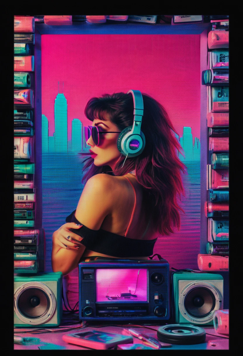 Framed, capsuled, pils, drugs, medicine,80's, cassettes, speakers, Vaporwave Aesthetic style, synthwave, sexy woman,