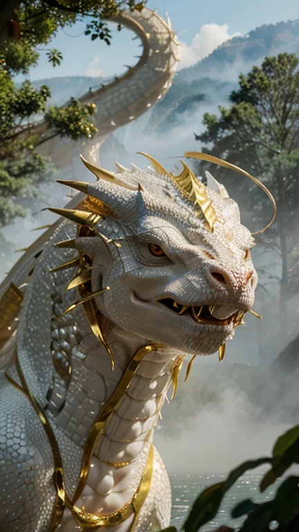photorealistic, medium close up shot, a white snaky Chinese dragon with golden hairs, fog, very long body, crystal sphere, trees, lakeside, golden hours.