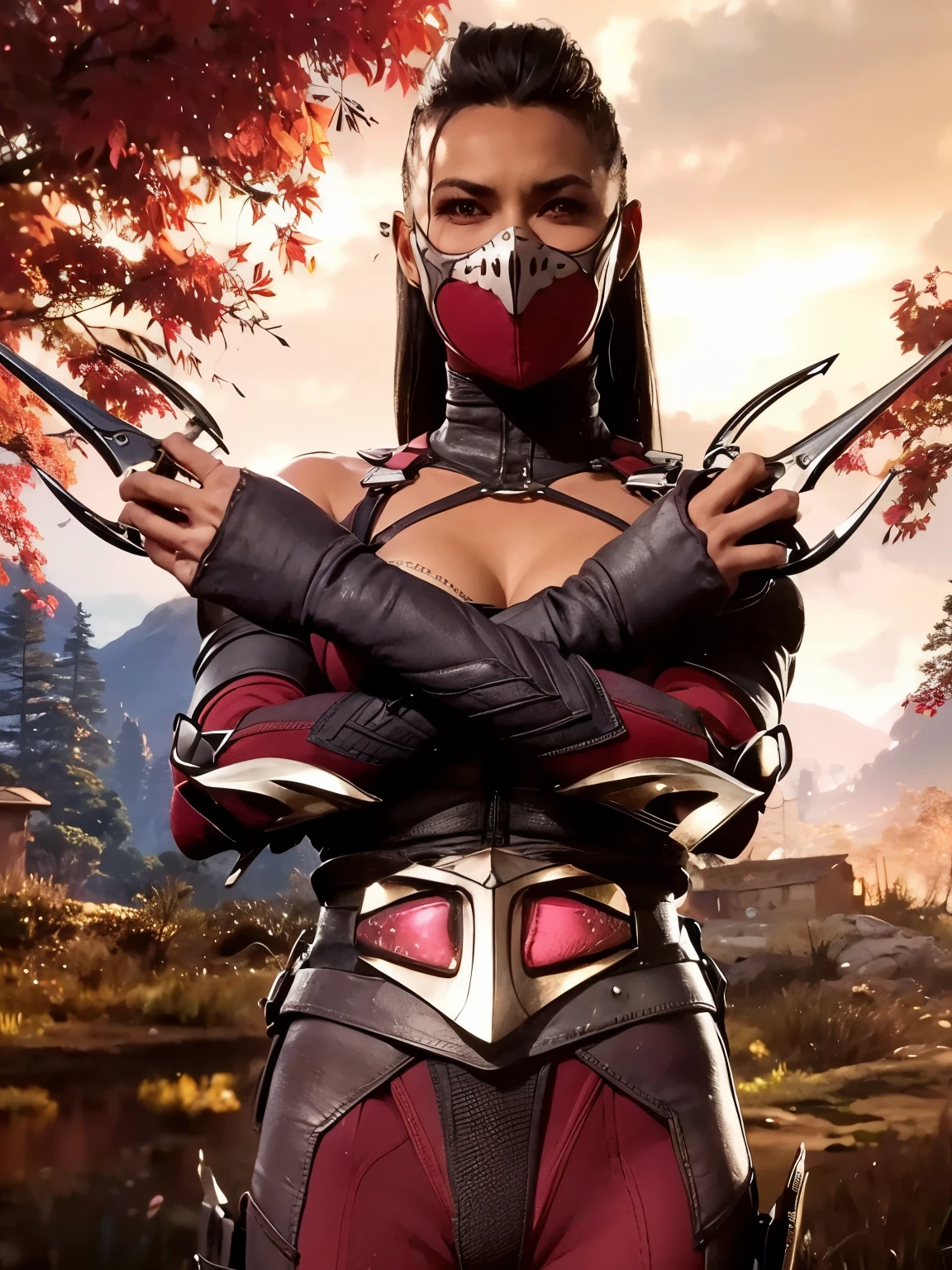 masterpiece, best quality,upper body, solo, absurdres,scenery,  taki_masked_aiwaifu,mouth mask,mask,glowing,bodysuit,ponytail,ninja,gloves,large breasts,armor,long hair,skin tight,brown eyes,weapon,sword,brown hair,fingerless gloves,fishnets,covered nipples,covered nipples,shoulder armor,elbow gloves,lips,bangs,holding,red bodysuit,hair ornament,arm guards,holding weapon,pauldrons,cameltoe,huge breasts,sheath,shiny clothes,shiny,sleeveless,abs,turtleneck,high ponytail,impossible clothes,makeup,covered navel,