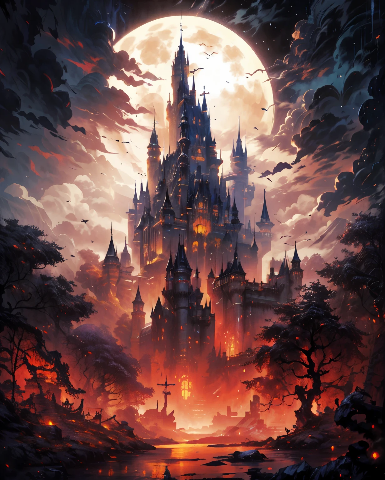 a painting of a castle with a full moon in the background, inspired by Andreas Rocha, an ominous fantasy illustration, the style of andreas rocha, dark fantasy artwork, bussiere rutkowski andreas rocha, dark fantasy style art, castlevania inspired, andreas rocha style, 4k fantasy art, fantasy artwork, detailed cover artwork