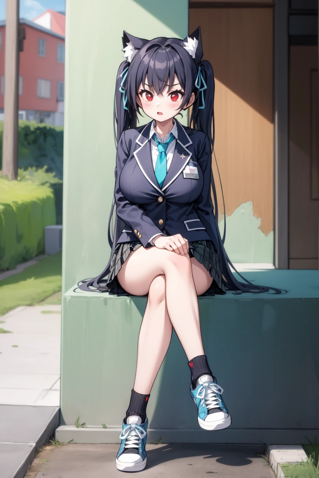 girl, solo, full body, from head to toe, sitting with crossed legs, (Huge_Breasts:1.3), beautiful body, perfect body, nice body,

baserika, twintails, long hair, hair ribbon, red eyes, collared shirt, blue necktie, blazer, plaid skirt, bike shorts, shorts under skirt, sneakers