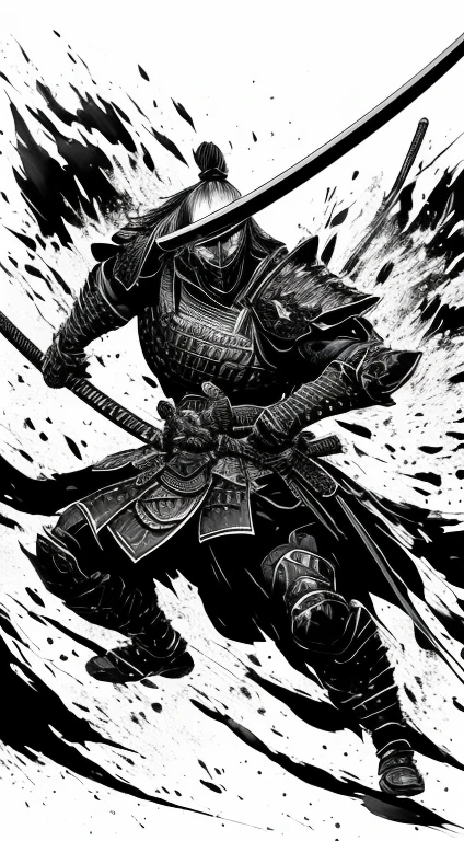 Samurai, warrior, fierce, battle ready, katana, full armor, vertical image, monochromatic style, ink-splatter effect, muscular, detailed, abstract background, intense scene