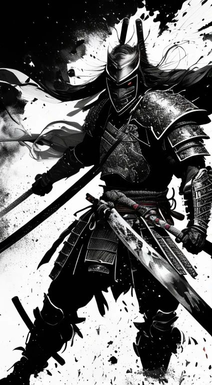 Samurai, warrior, fierce, battle ready, katana, full armor, vertical image, monochromatic style, ink-splatter effect, muscular, detailed, abstract background, intense scene