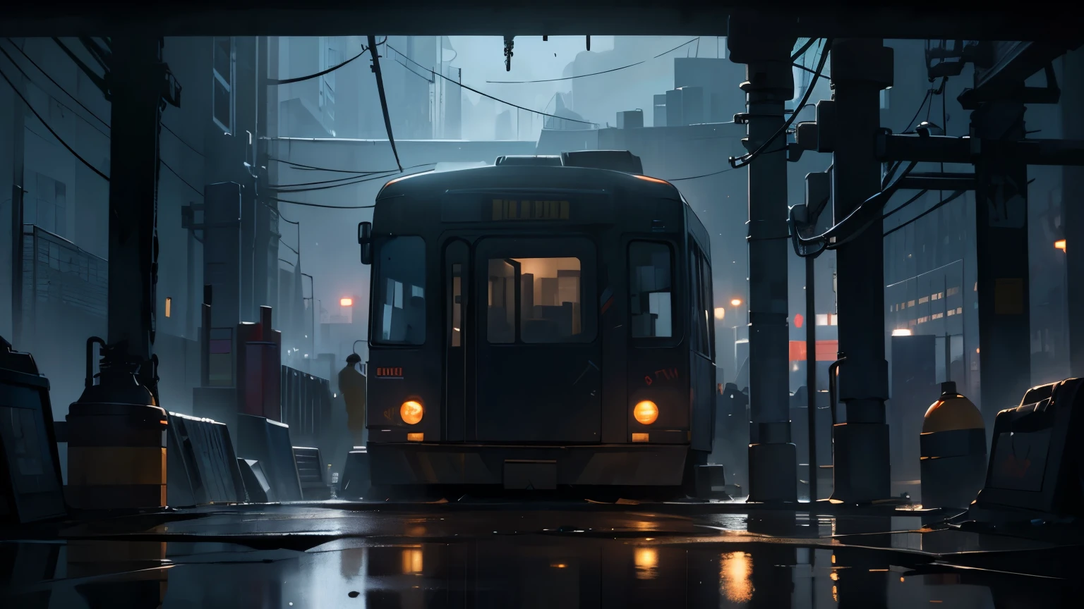 (masterpiece), (symmetrical framing point of view),(very dark environment),(suspense feeling),(very contrasting shadows),image of an abandoned 80s metro stop, graffiti on the walls, cracks, puddles of water reflecting light, lots of dirt on the floor, wiring, the dark silhouette of a city in the background, very dark closed night, dense fog, volume smoke, dim yellow bulb light, cloudy night sky, reflection of yellowish city light in clouds, pollution