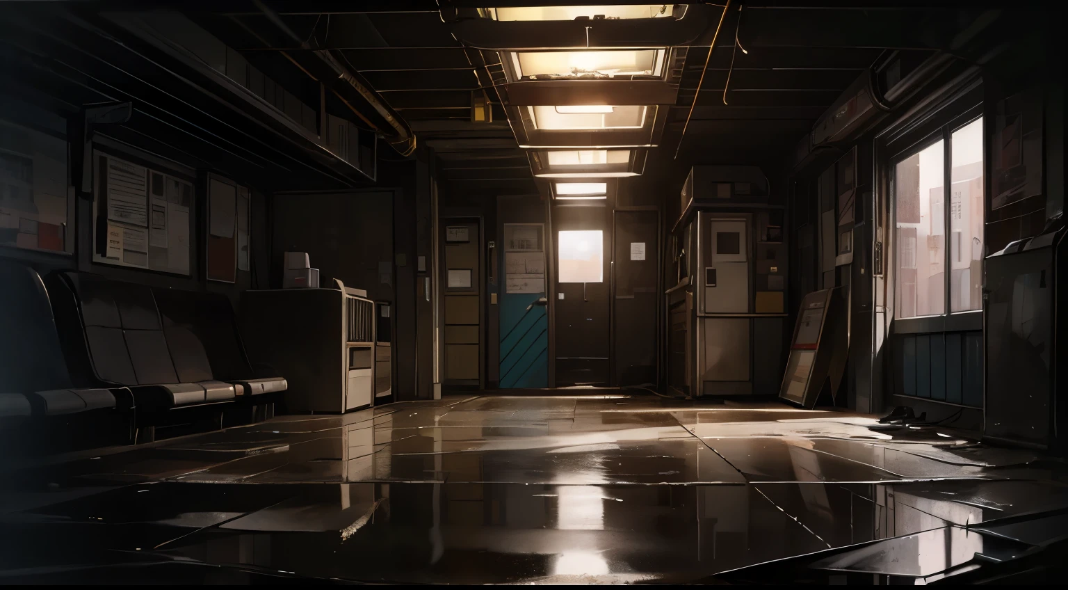 (masterpiece), (symmetrical framing point of view),(very dark environment),(suspense feeling),(very contrasting shadows),image of an abandoned 80s metro stop, graffiti on the walls, cracks, puddles of water reflecting light, lots of dirt on the floor, wiring, the dark silhouette of a city in the background, very dark closed night, dense fog, volume smoke, dim yellow bulb light, cloudy night sky, reflection of yellowish city light in clouds, pollution