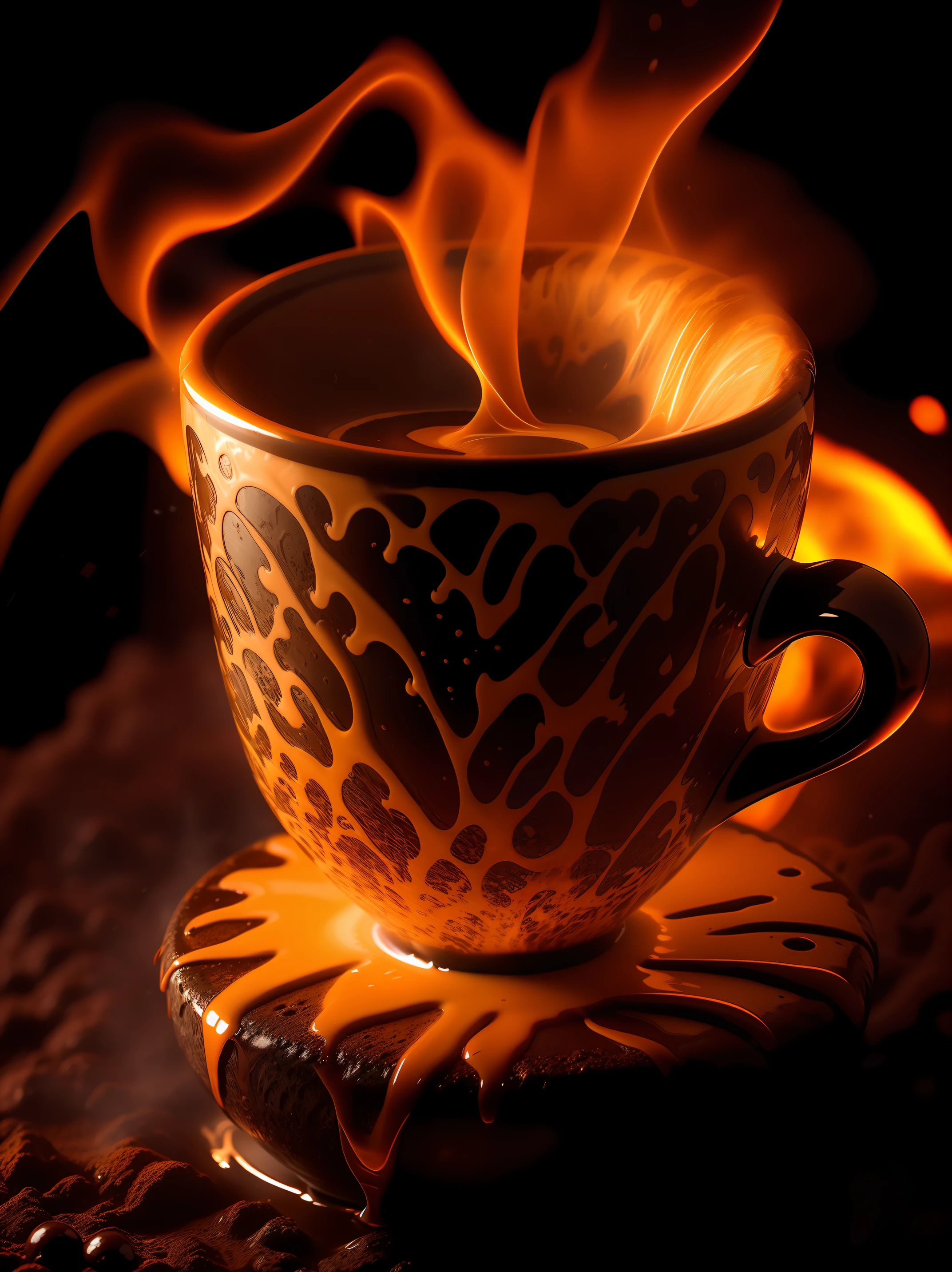 Volcano coffee cup, Latte art of maximum coffee, violently erupting from Kintsugi coffee cups of black lava rock, The disks are glowing with heat, molten red coffee lava, splashing and pouring out of the cup, bulk dust particles, Erupting lava, Couple, soaring heavenly, hips, night, Moonlight, Moonbeams, surreal, a fairy dust