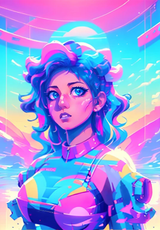 Vaporwave Aesthetic art, retro futurism art, Art Deco, panoramic, Ultra high saturation, (best quality, masterpiece, Representative work, official art, Professional, 8k), 1girl face