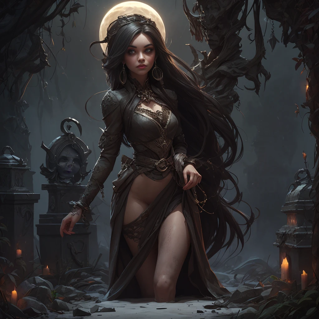 In the eerie and gothic ambiance of a moonlit cemetery, envision a solitary woman, her presence shrouded in both sorrow and allure, leaning gracefully against a crumbling mausoleum. Picture this desolate scene as the full moon casts an ethereal glow upon the decaying tombstones, t. A thick, ghostly fog blankets the ground, . On this grim stage, a lone woman leans with haunting grace against the moss-covered mausoleum, her striking beauty contrasting starkly with the surroundings. Her form, [delicate and enchanting], seems almost otherworldly in this somber place. She possesses slim [skinny figure] that grace her [slender form] with toned concave belly and smooth abdomen and [small breasts] a [narrow waist], and [graceful legs], her every movement a captivating dance. Her face, bathed in the moon's pale light . Her eyes hold a [hypnotic gaze], the [deep azure] of her irises contrasting beautifully against the fog. Her [arched, alluring eyebrows] frame her gaze, inviting those who dare to delve into the depths of her soul. [Long, alluring eyelashes] and [subtle, smoky eyeliner] hint at a life steeped in shadows, and her [enigmatic smile] holds the power to both enchant and haunt, nsfw, subtle nudity, exposed
