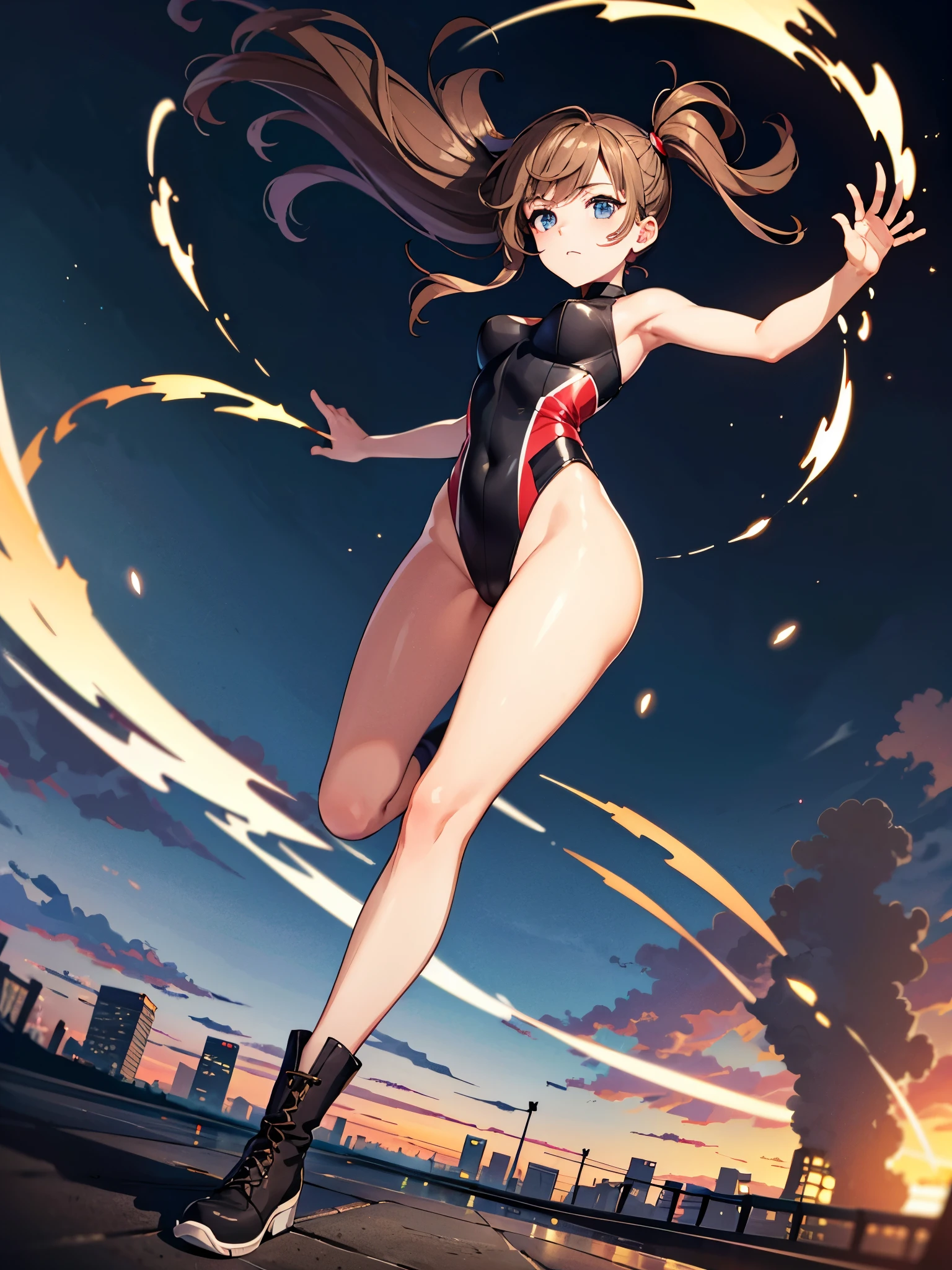 (((pixel-perfect, detail-perfect))), 1girl, superhero, leotard, highleg leotard, bare legs, boots, standing, solo focus, spread arms, ((spins fast in place like a tornado)), full body shot, city backdrop, sleeveless, ultra highres, absurdres, beautiful face, detailed eyes, symmetric eyes, perfect body, good proportions, brown hair, (light swirls around her body, wind swirls around her body), ((only five fingers)), spinning inside a tornado