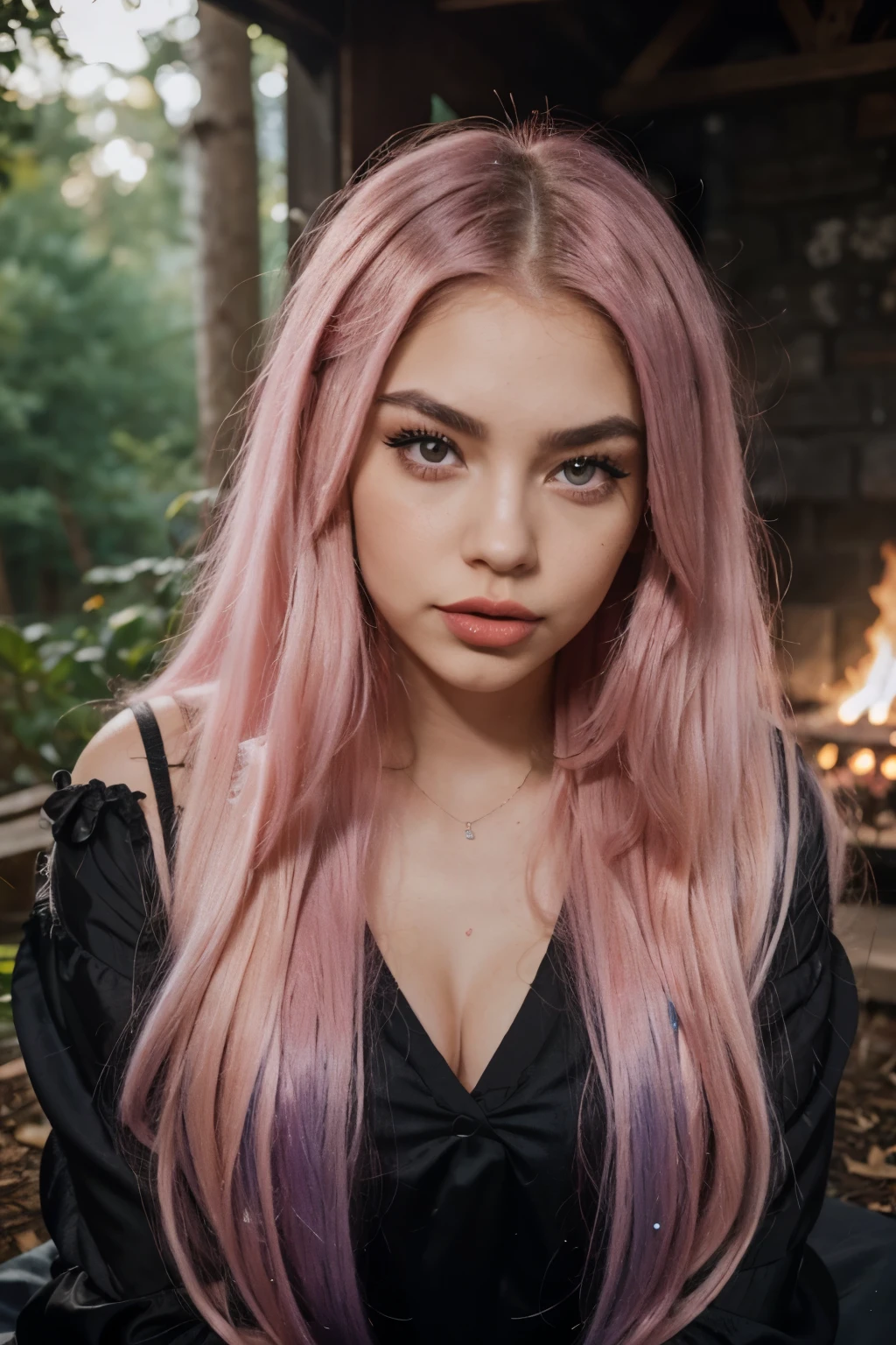 Mixed polish but more latina woman with long hair sticking out her tongue in a black dress, tongue out, long blonde hair and large eyes, duckface, a gorgeous , swedish woman, goddess ,saturated pink hair and large blueish eyes face, perfect girl, with long pink hair, instagram model, sexy girl with long purple hair, big lips, makeup, strong eyebrows, 23 years old, fit, only lip gloss, Thick red light red lips, madison beer, perfect girl, with soemthing interesing in her eyes, e girl, young , sharp face, not innocent face, strong pink purple hair , kittyxnacre maddie francesca type, she is chilling by a bonfire in the woods