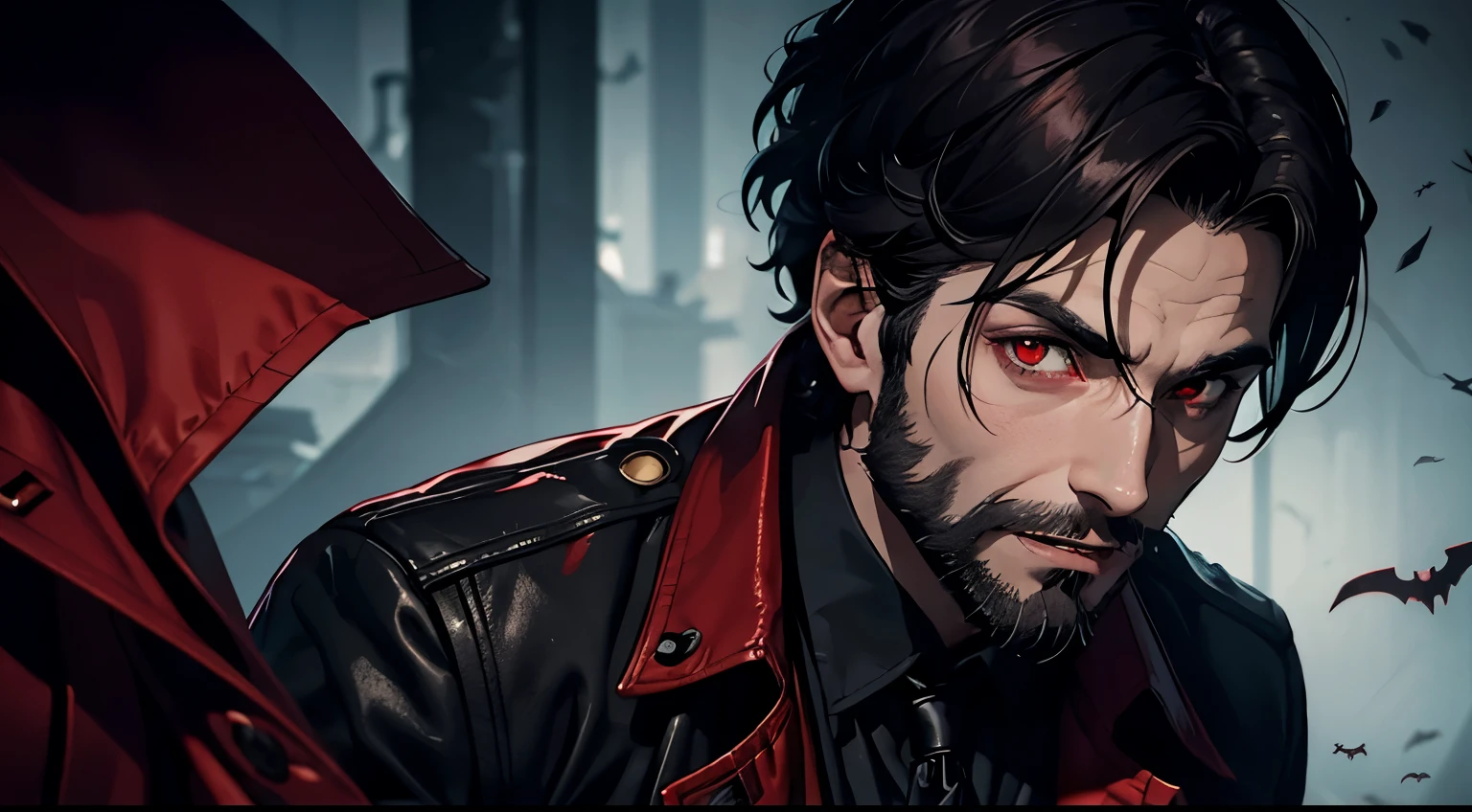 A solo vampire man with short hair, beard, red eyes, wearing a trench coat, staring at the viewer smiling showing his fangs. horror themed. by him self.