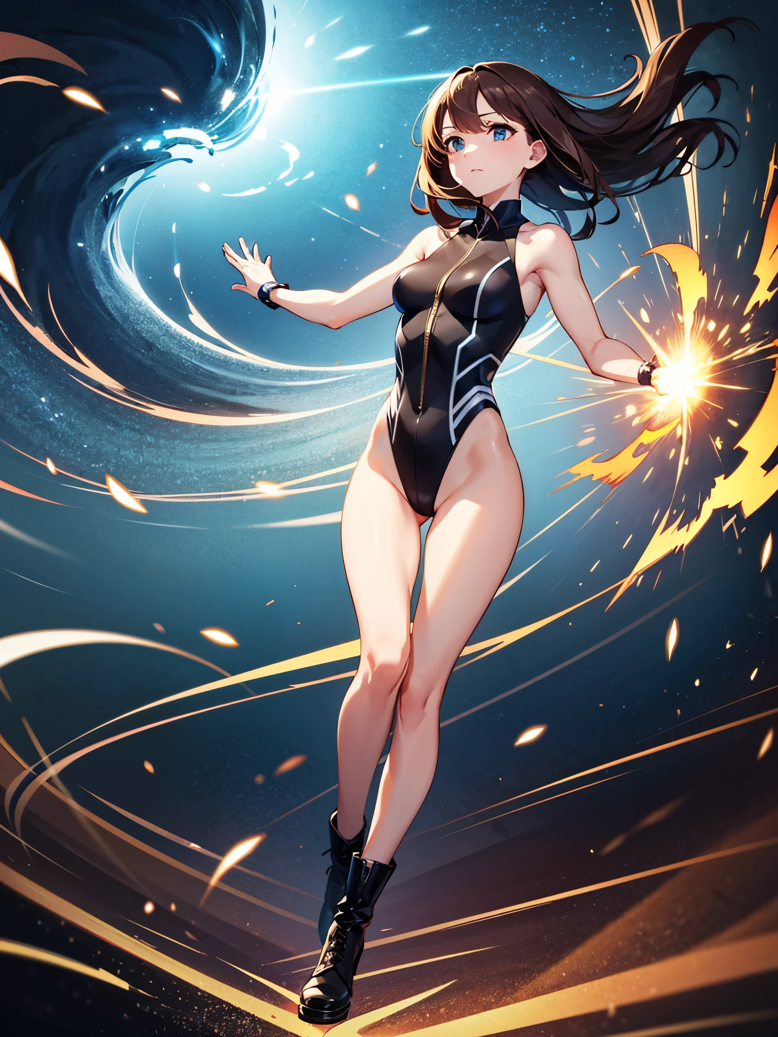 (((pixel-perfect, detail-perfect))), 1girl, superhero, leotard, highleg leotard, bare legs, boots, standing, solo focus, spread arms, ((spins fast in place like a tornado)), full body shot, city backdrop, sleeveless, ultra highres, absurdres, beautiful face, detailed eyes, symmetric eyes, perfect body, good proportions, brown hair, (light swirls around her body, wind swirls around her body), ((only five fingers)), spinning inside a tornado