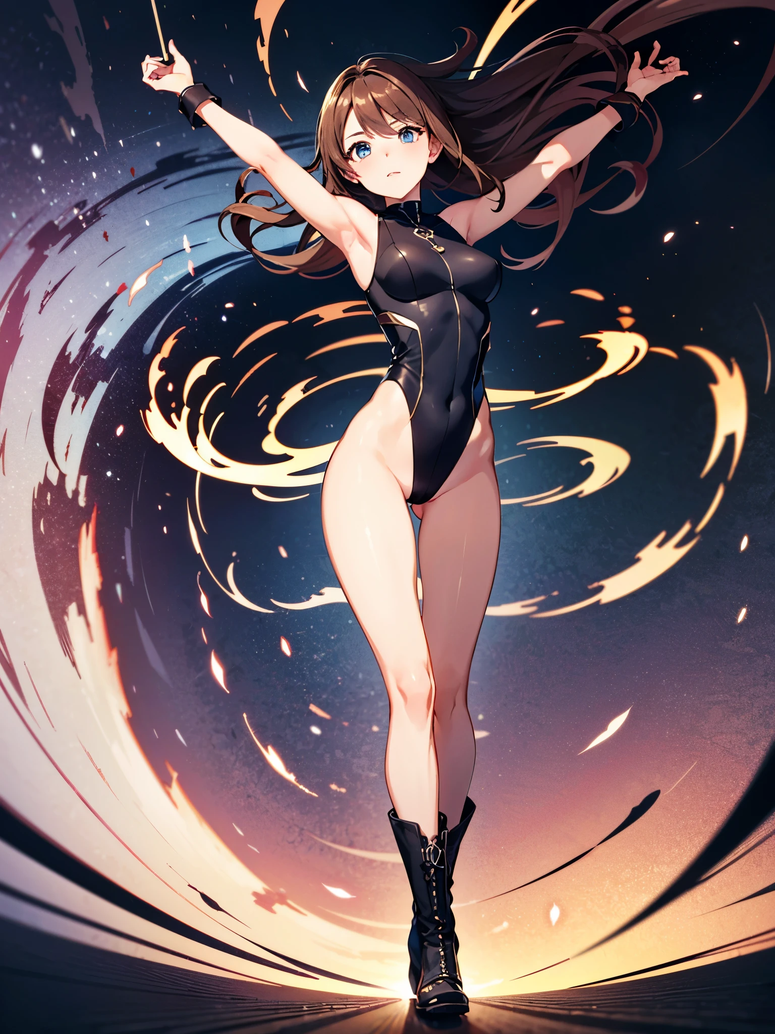 (((pixel-perfect, detail-perfect))), 1girl, superhero, leotard, highleg leotard, bare legs, boots, standing, solo focus, spread arms, ((spins fast in place like a tornado)), full body shot, city backdrop, sleeveless, ultra highres, absurdres, beautiful face, detailed eyes, symmetric eyes, perfect body, good proportions, brown hair, (light swirls around her body, wind swirls around her body), ((only five fingers)), spinning inside a tornado