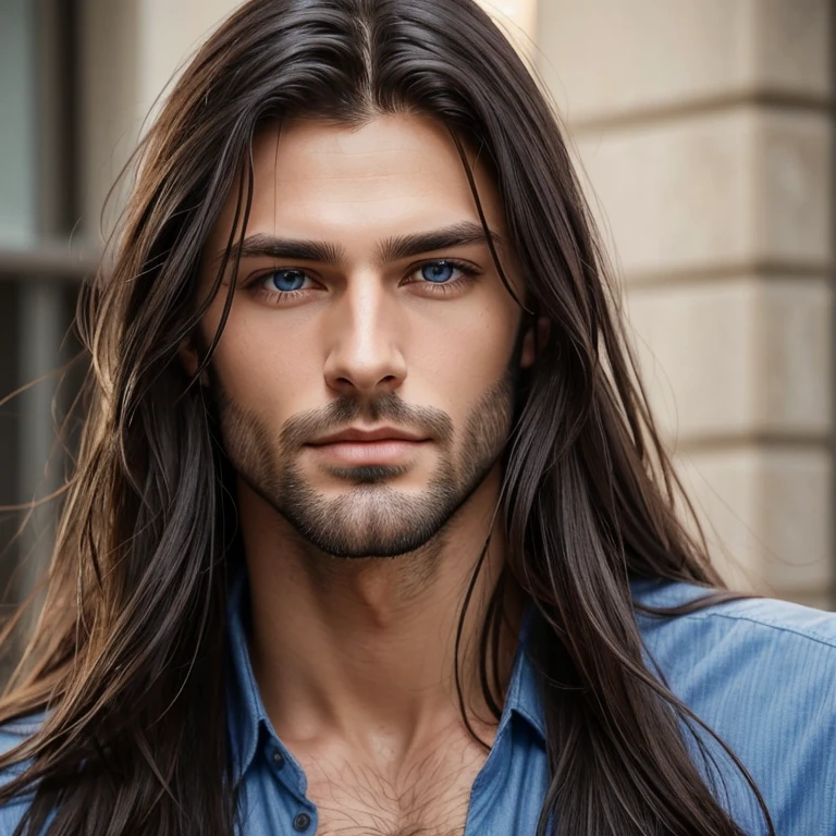 o	a close up of a man with long hair and blue eyes, handsome stunning realistic, handsome male, attractive male, wonderful dark hair, beautiful male face, long dark hairs, beautiful young man, with long hair and piercing eyes, shoulder-length black hair, young with long hair, handsome face, perfect handsome face, handsome attractive face, with long dark hair