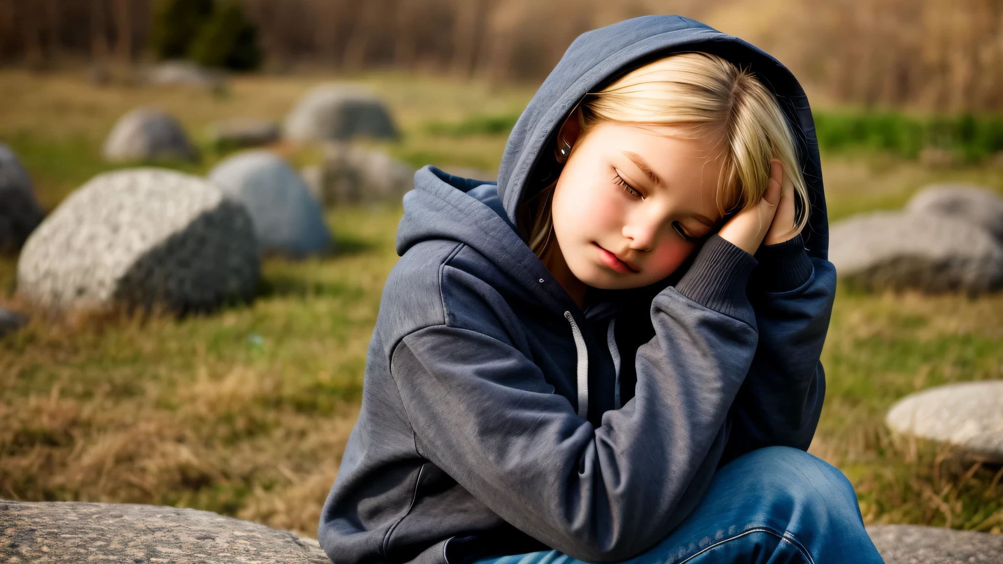 KIDS GIRL BLONDE in a black hoodie holding her head in her hands, circle of stone.