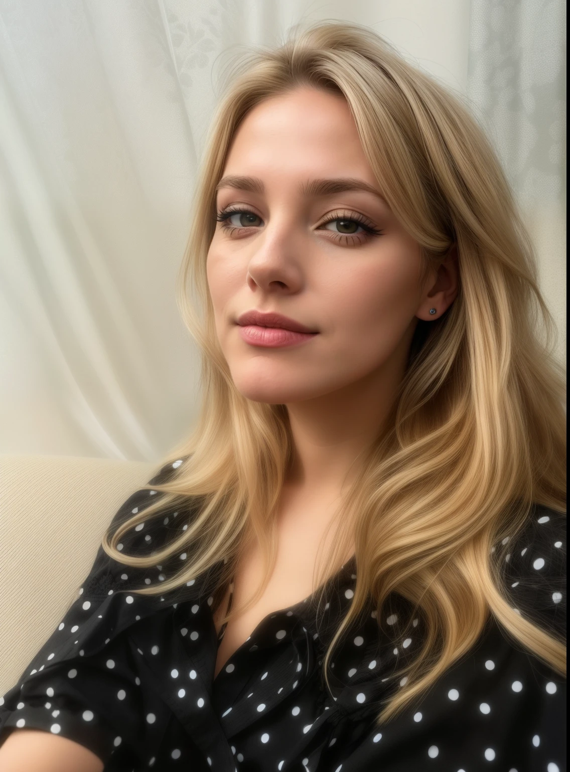 blonde with long hair and a black polka dot shirt sitting on the sofa, profile picture, filmed in early 2020s, headshot profile pictureture, profile pictureture, Aurora Axnes, inspired by Claire Dalby, Portrait of Sabrina Lloyd, Drew Barrymore, profile picture, removed for 2 0 2 0, looking away from the camera