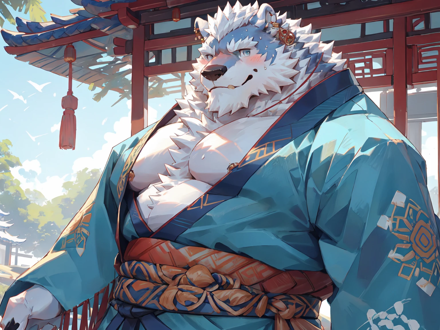 (morning), 1 Volibear, solo, looking at the audience, summer, Smile,The man was taken away，beard,middle aged，White Fundos,((Open)  kimono)，Chinese traditional clothing,close up,earrings,Nipple rings,Sweat,Blush stitching,majestic,confident,strong