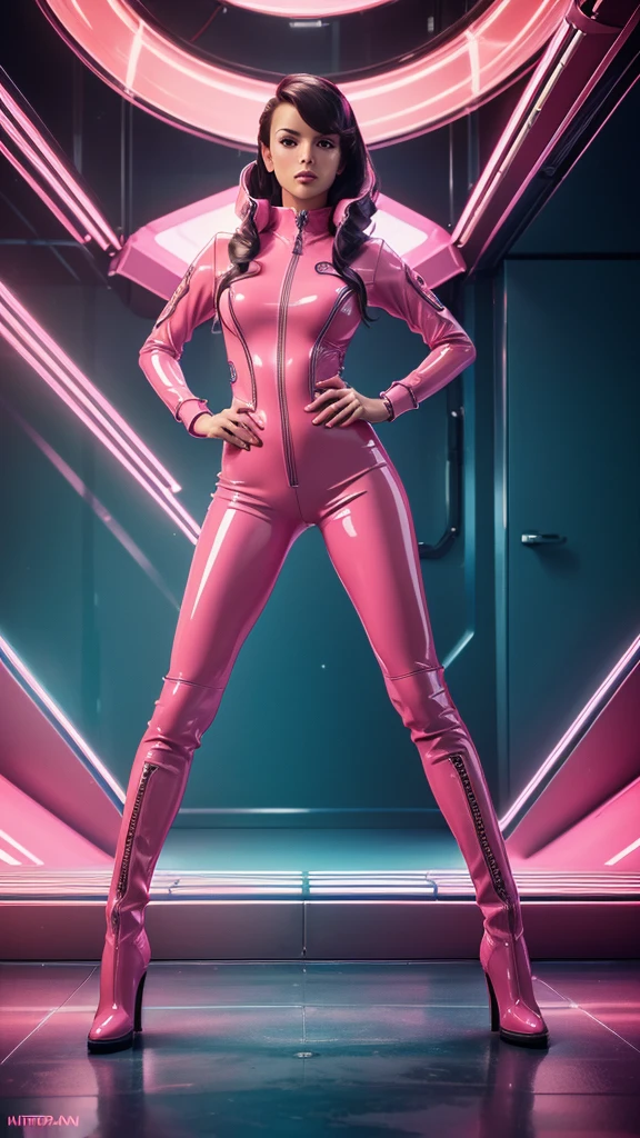 (high resolution, full body,soft skin:1.2),(best illustration,masterpiece:1.2),ultra-detailed,[(cat ears,black fur,pink inside:1.2),(kiss,romantic,intimate):1.3],vivid colors,sharp focus,portrait,retro-futurism, vaporfashion, pink latex jumpsuit and boots, hands on hips, future look