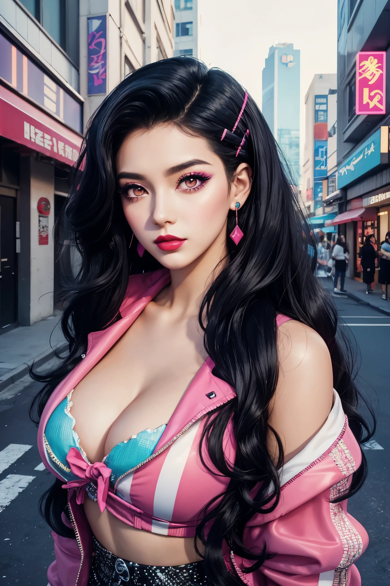 pixel style，vaporwave style，vaporwave aesthetics，1Beauty with long wavy black hair，makeup,red lipstick，Eyes look upwards，from the front，above shoulder，hazy street background